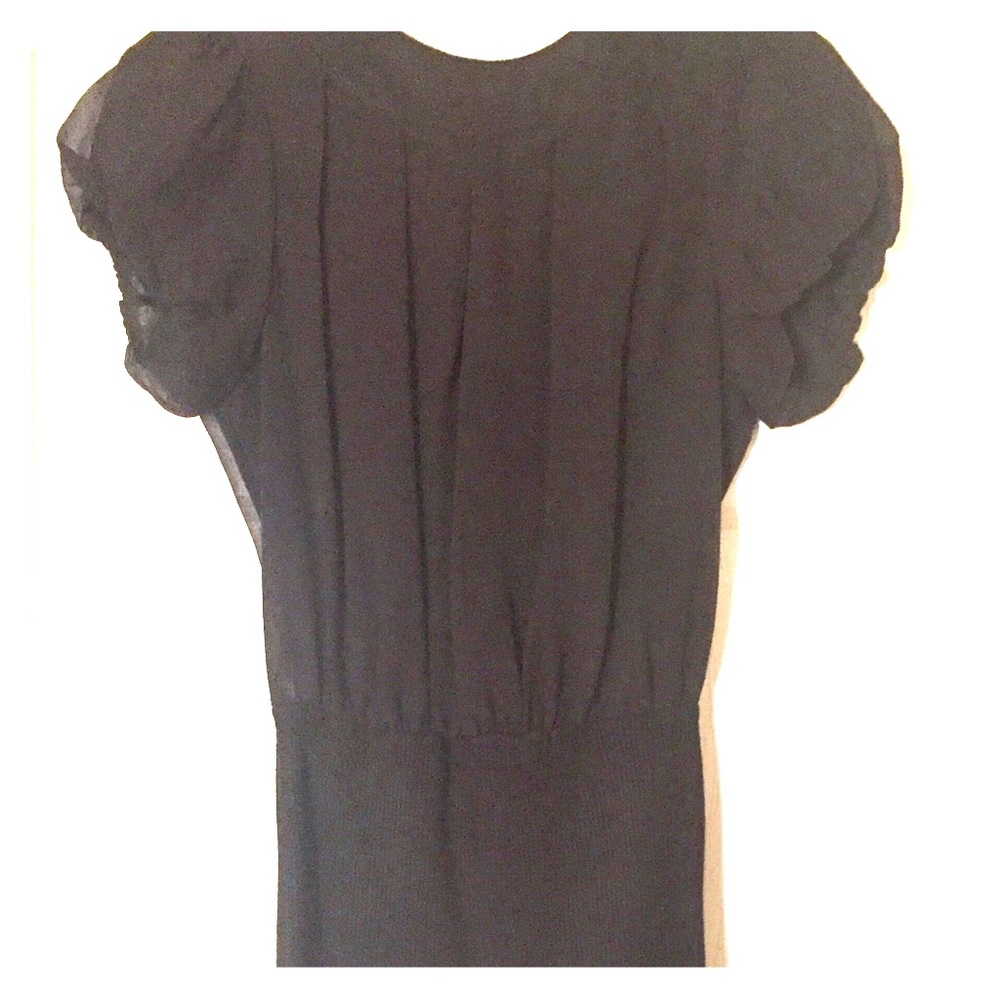 Arden B Black Puffy Sleeve Top Knit Waist Tie Neck